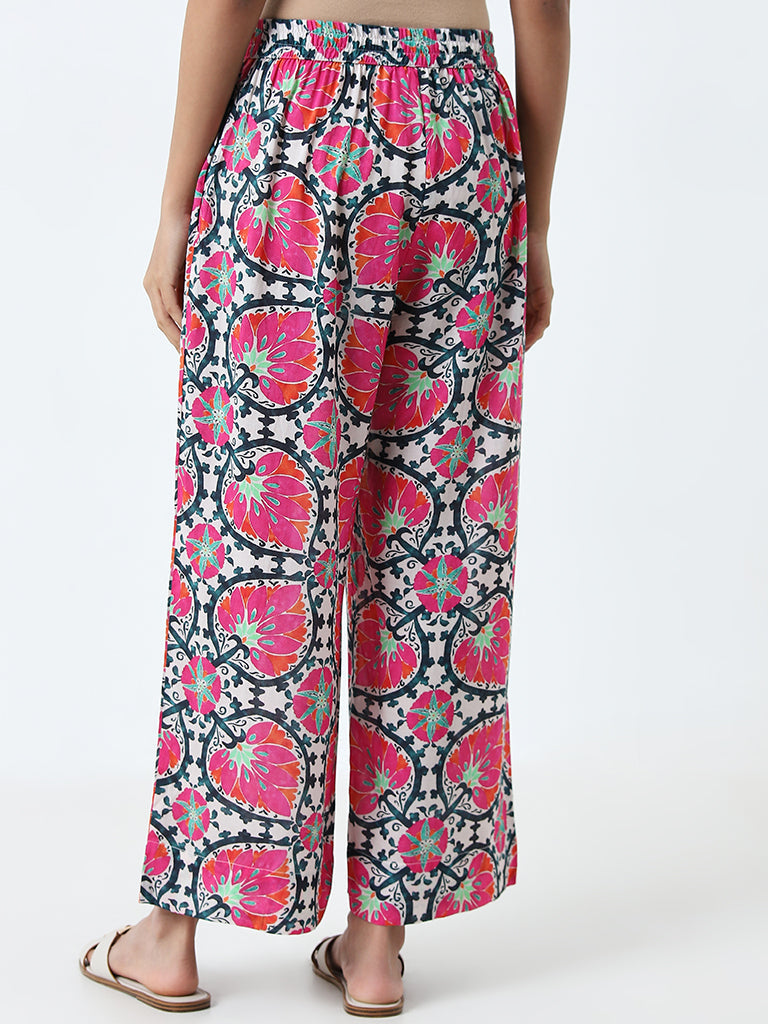 Utsa Pink Leaf Printed High-Rise Palazzos