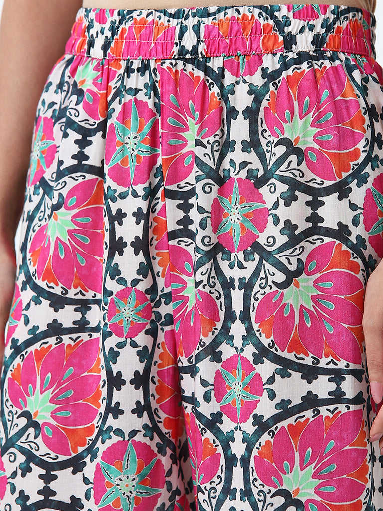 Utsa Pink Leaf Printed High-Rise Palazzos