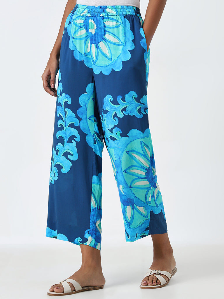 Utsa Blue Floral Printed High-Rise Palazzos