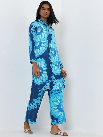 Utsa Blue Floral Printed High-Rise Palazzos