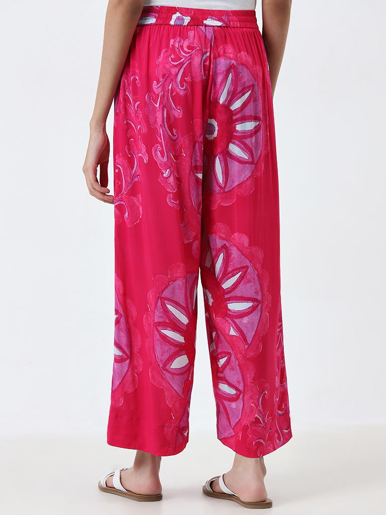 Utsa Pink Floral Design High-Rise Palazzos