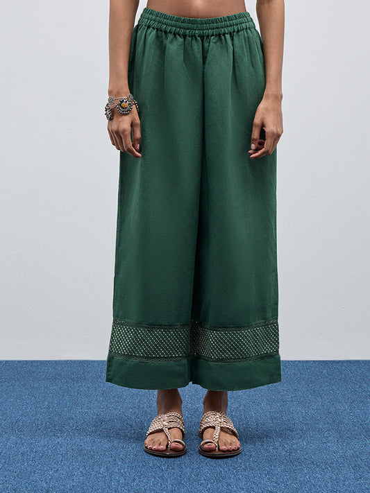 Zuba Green Embellished High-Rise Palazzos