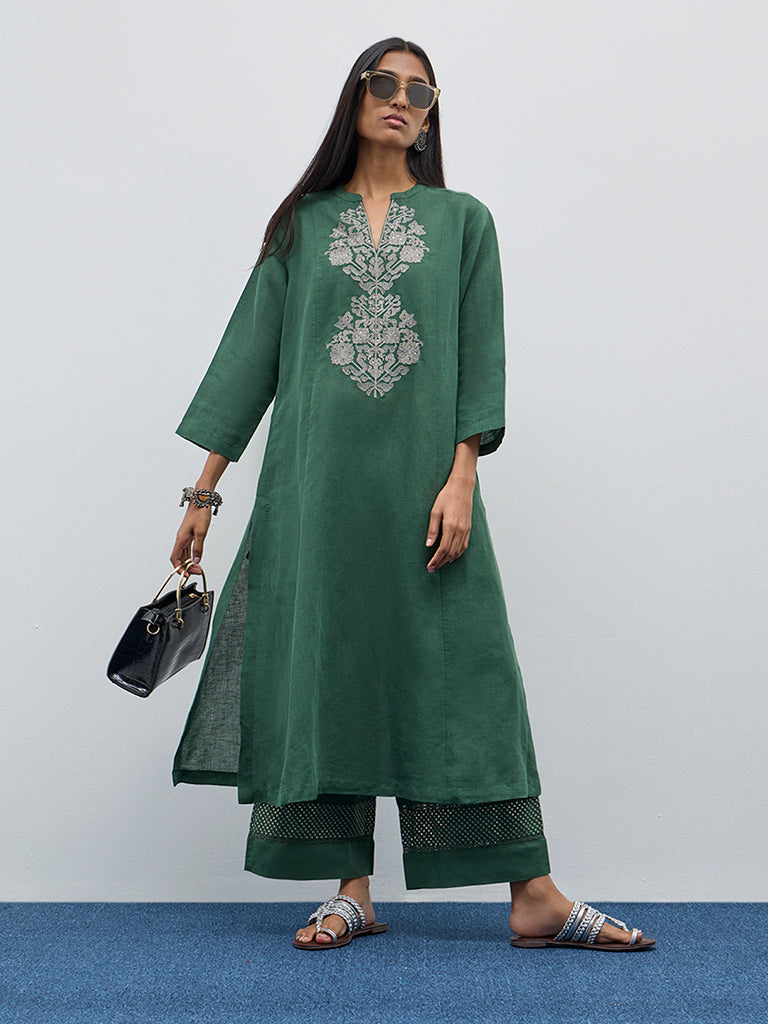 Zuba Green Embellished High-Rise Palazzos