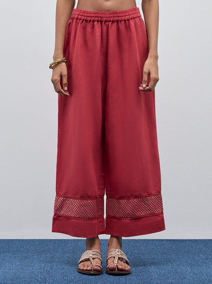 Zuba Red Embellished High-Rise Palazzos