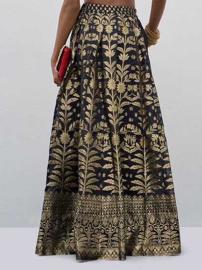 Vark Black Brocade Design A-Line Skirt