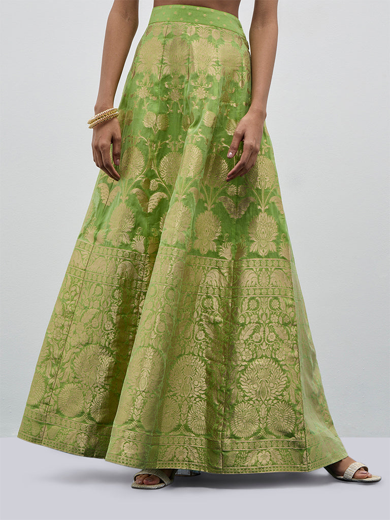 Vark Light Green Brocade Design A-Line Skirt