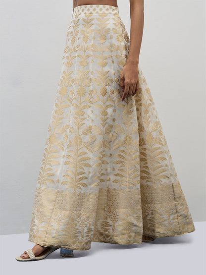 Vark Off-White Brocade Design A-Line Skirt