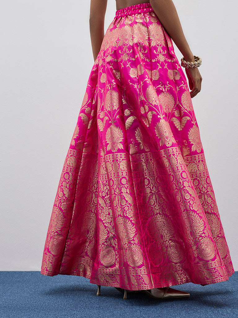 Vark Pink Brocade Design A-Line Skirt