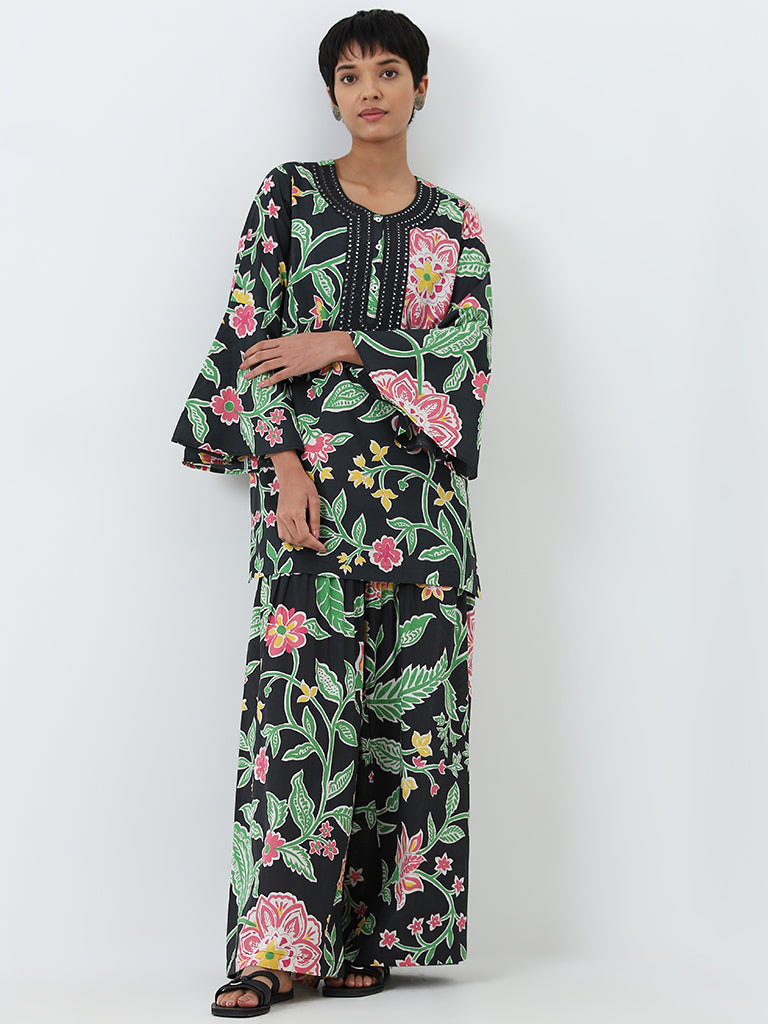 Utsa Black Floral Design High-Rise Cotton Sharara