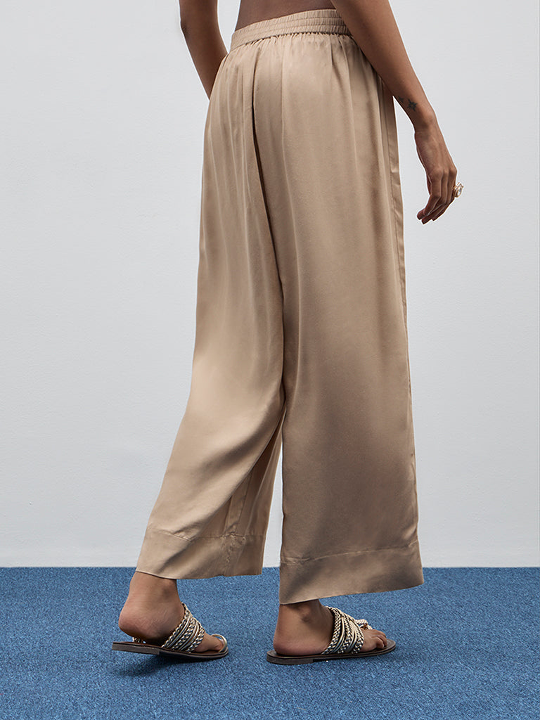 Zuba Beige Solid High-Rise Palazzos