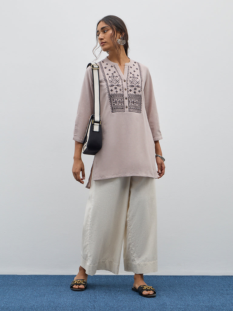 Utsa Beige Embroidered High Low Cotton Blend Kurti