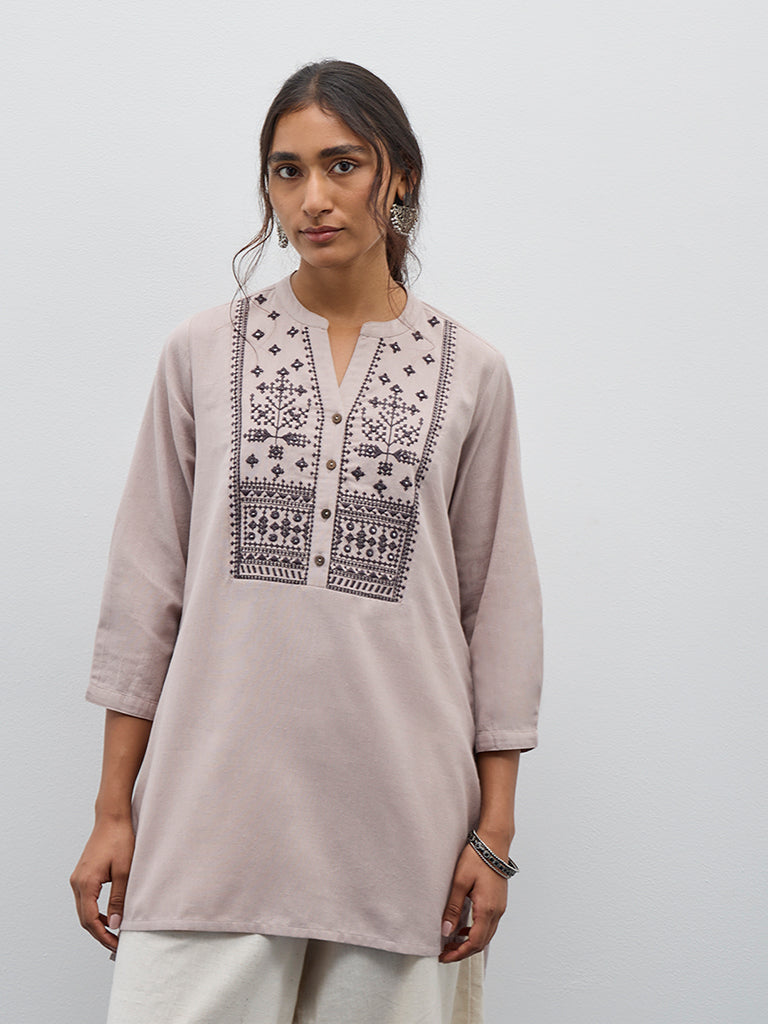 Utsa Beige Embroidered High Low Cotton Blend Kurti