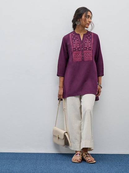 Utsa Purple Embroidered High-Low Cotton Blend Kurti