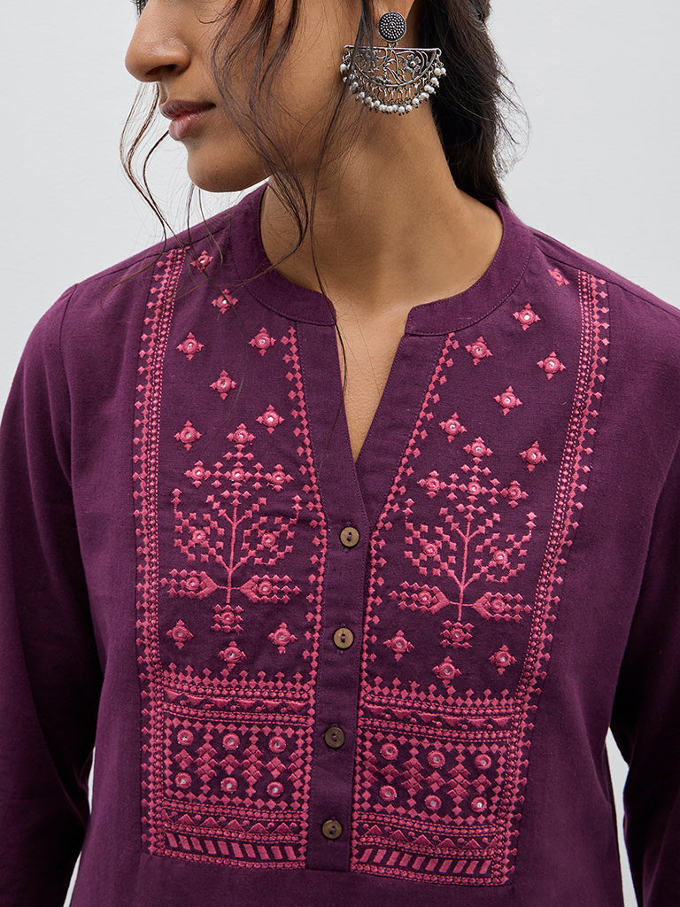 Utsa Purple Embroidered High-Low Cotton Blend Kurti