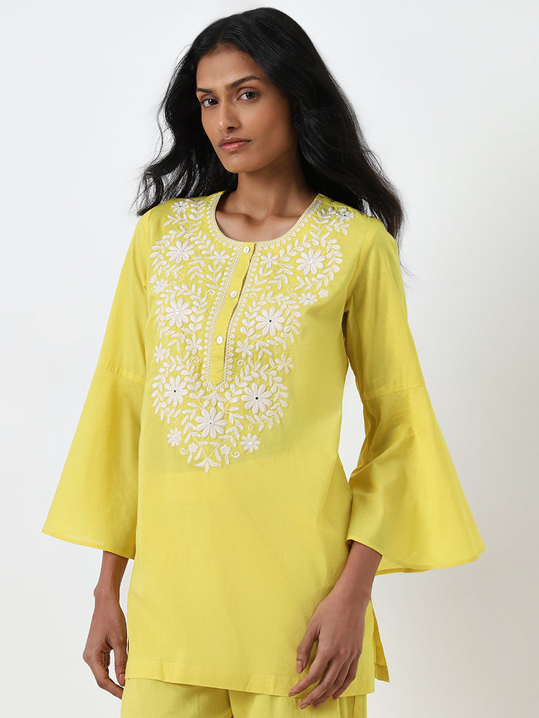 Utsa Yellow Embroidered Straight Cotton Kurti