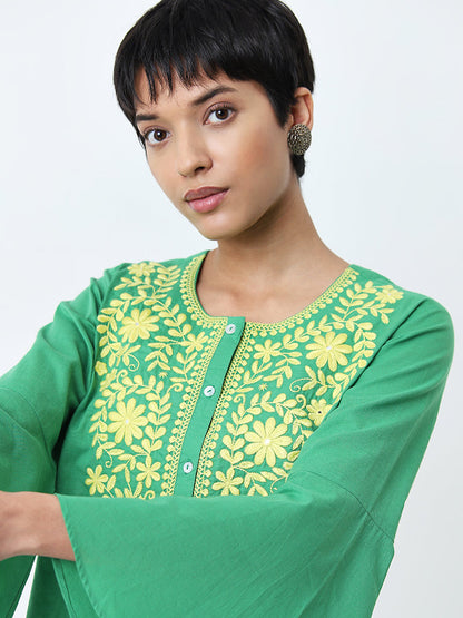 Utsa Green Floral Embroidered Straight Cotton Kurti