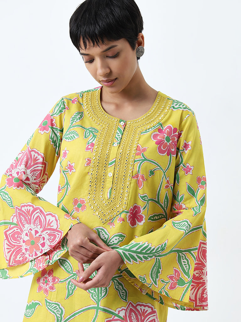 Utsa Yellow Floral Design Straight Cotton Kurti