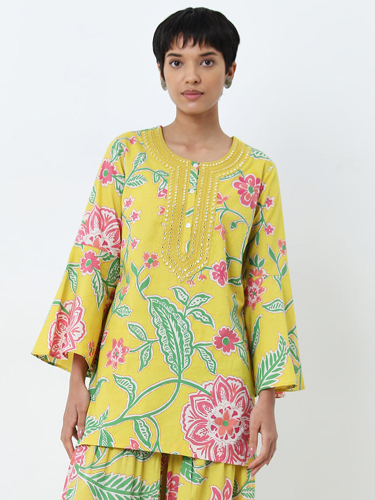 Utsa Yellow Floral Design Straight Cotton Kurti