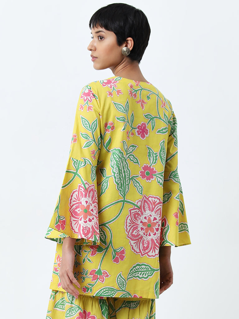 Utsa Yellow Floral Design Straight Cotton Kurti