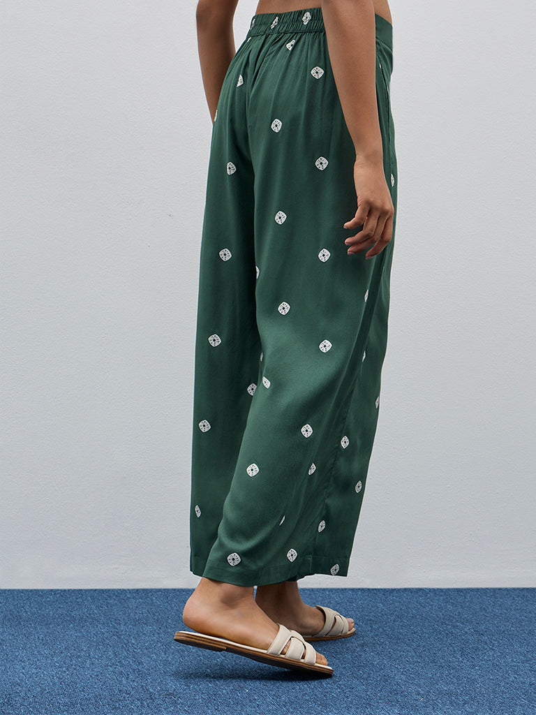 Utsa Dark Green Bandhani Printed High-Rise Palazzos