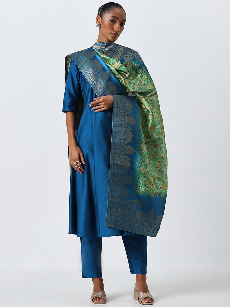 Vark Blue A-Line Kurta, Ethnic Pants and Brocade Design Dupatta Set