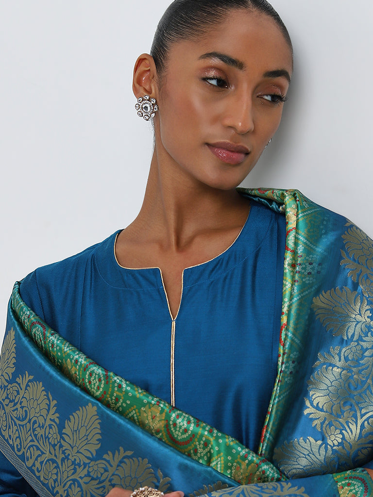 Vark Blue A-Line Kurta, Ethnic Pants and Brocade Design Dupatta Set