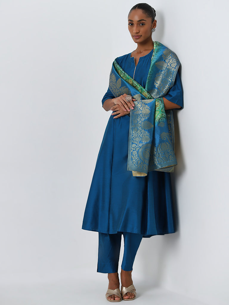 Vark Blue A-Line Kurta, Ethnic Pants and Brocade Design Dupatta Set