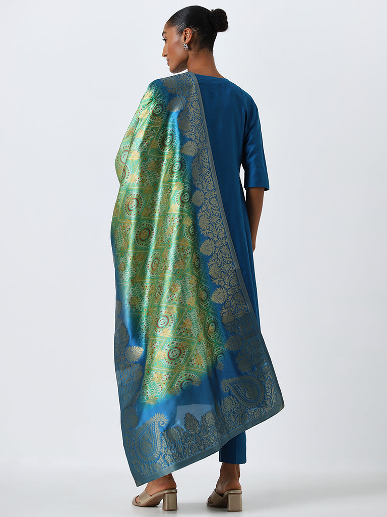 Vark Blue A-Line Kurta, Ethnic Pants and Brocade Design Dupatta Set