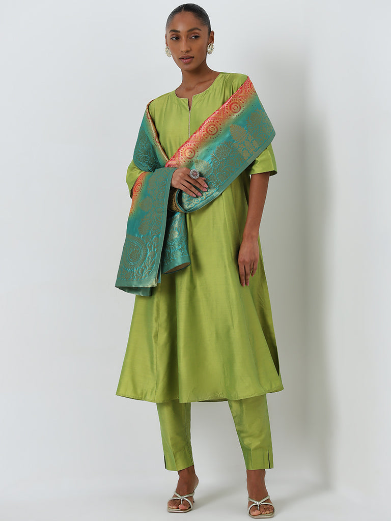 Vark Lime A-Line Kurta, Ethnic Pants and Brocade Design Dupatta Set