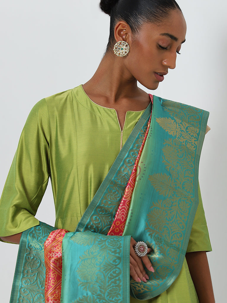 Vark Lime A-Line Kurta, Ethnic Pants and Brocade Design Dupatta Set