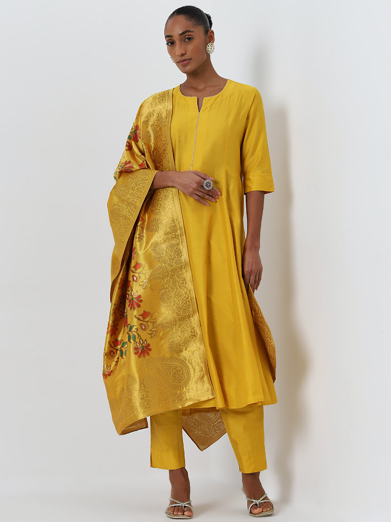 Vark Mustard A-Line Kurta, Ethnic Pants and Brocade Design Dupatta Set