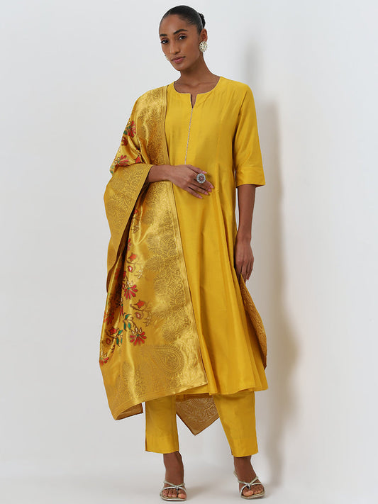 Vark Mustard A-Line Kurta, Ethnic Pants and Brocade Design Dupatta Set