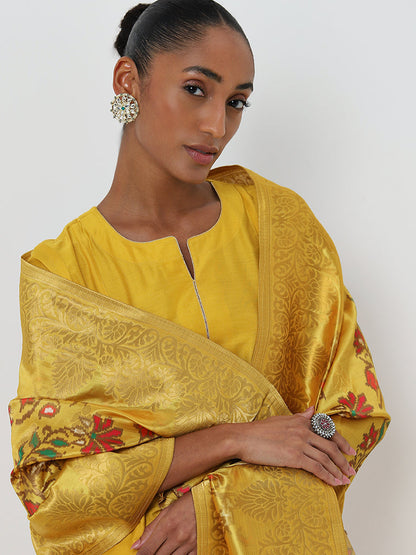 Vark Mustard A-Line Kurta, Ethnic Pants and Brocade Design Dupatta Set