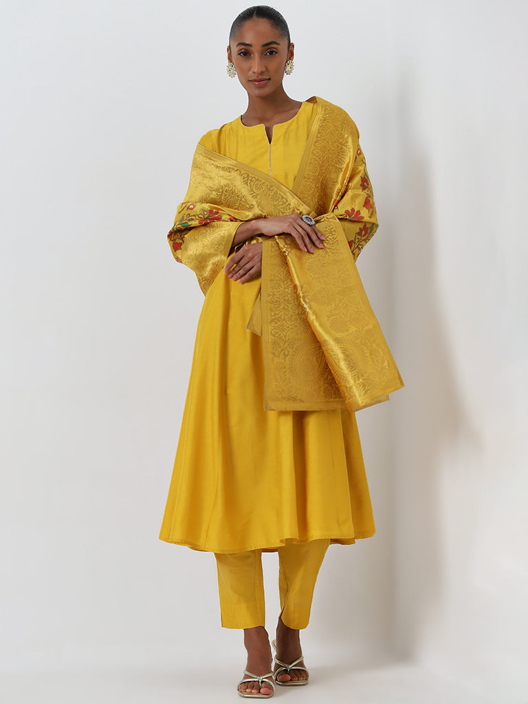 Vark Mustard A-Line Kurta, Ethnic Pants and Brocade Design Dupatta Set