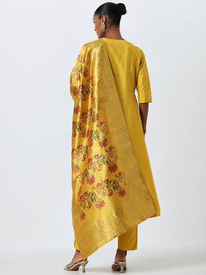 Vark Mustard A-Line Kurta, Ethnic Pants and Brocade Design Dupatta Set