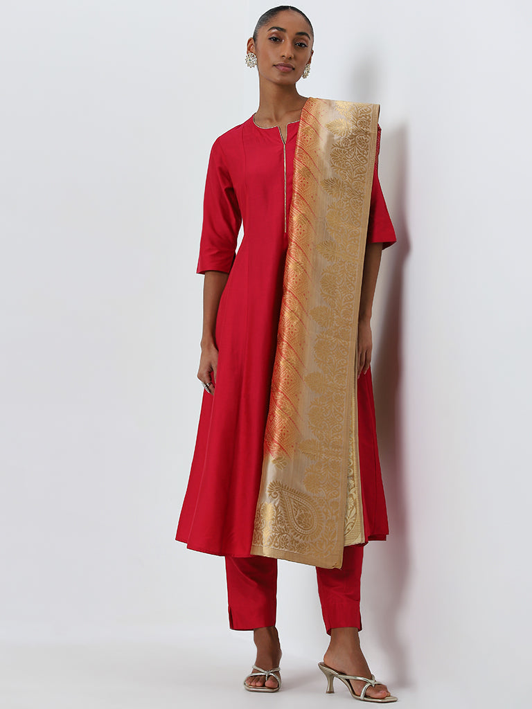 Vark Red A-Line Kurta, Ethnic Pants and Brocade Design Dupatta Set