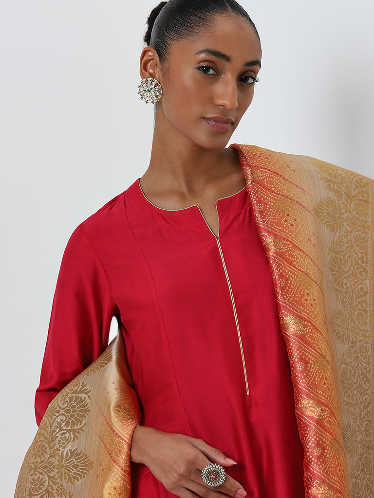 Vark Red A-Line Kurta, Ethnic Pants and Brocade Design Dupatta Set