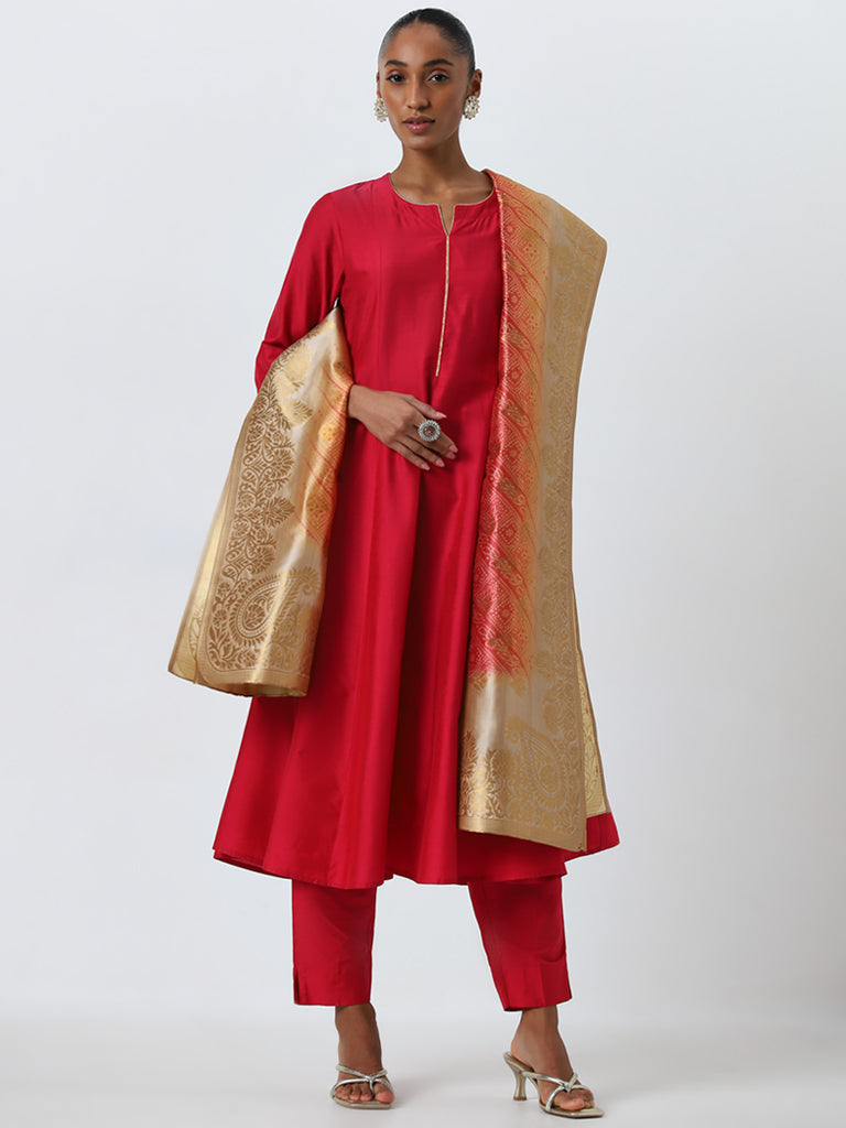 Vark Red A-Line Kurta, Ethnic Pants and Brocade Design Dupatta Set