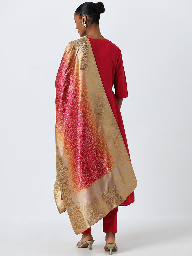 Vark Red A-Line Kurta, Ethnic Pants and Brocade Design Dupatta Set