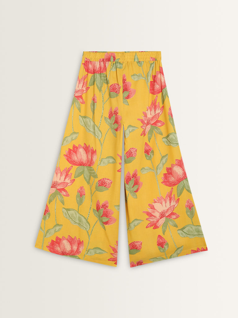 Utsa Yellow Bold Floral Printed High-Rise Cotton Palazzos