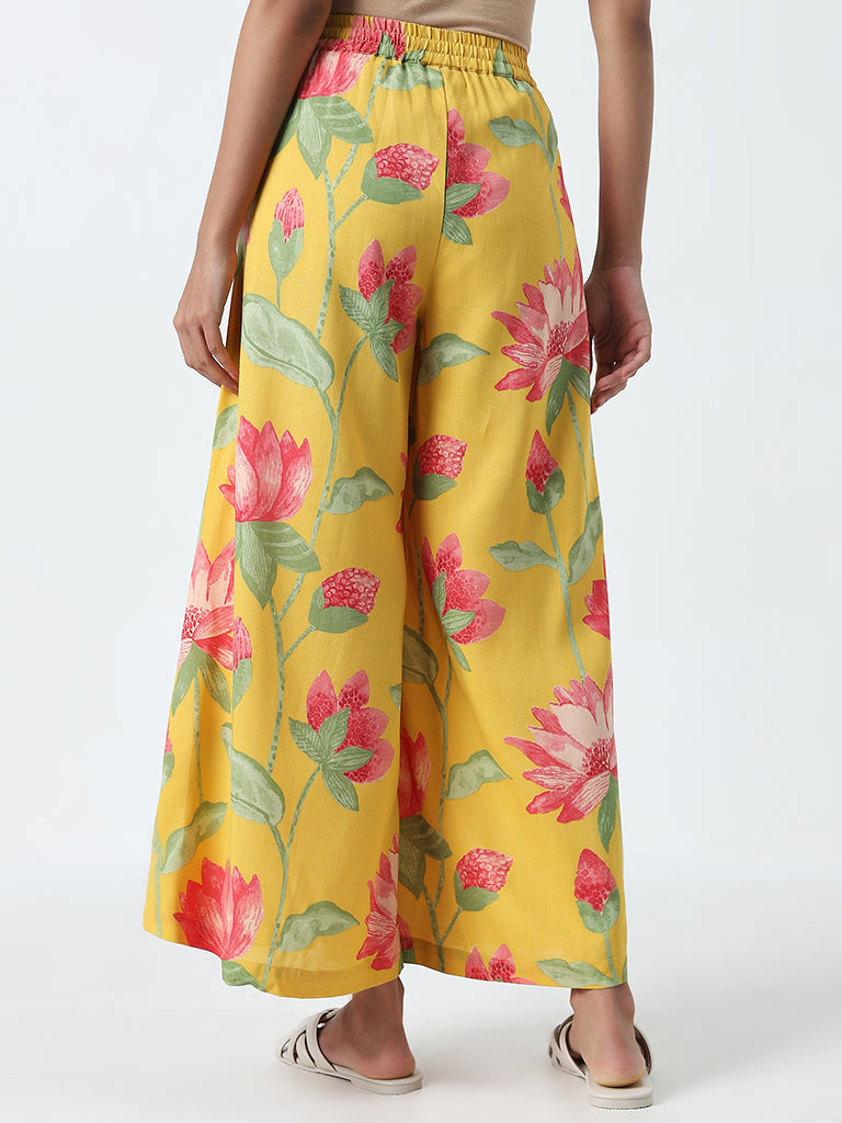 Utsa Yellow Bold Floral Printed High-Rise Cotton Palazzos