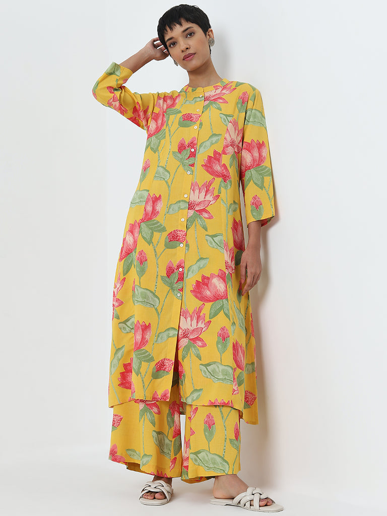 Utsa Yellow Bold Floral Printed High-Rise Cotton Palazzos