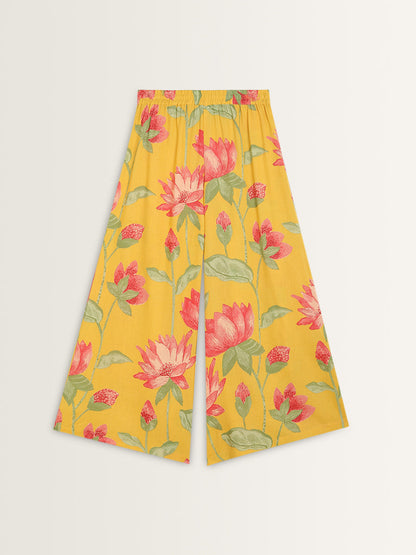 Utsa Yellow Bold Floral Printed High-Rise Cotton Palazzos