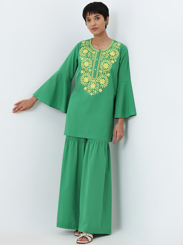 Utsa Green Solid High-Rise Cotton Sharara