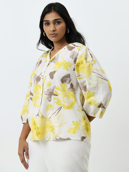 Gia Yellow Floral Printed Cotton Blend Blouse