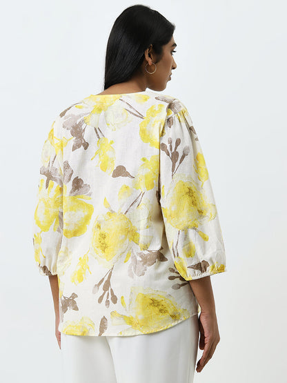 Gia Yellow Floral Printed Cotton Blend Blouse