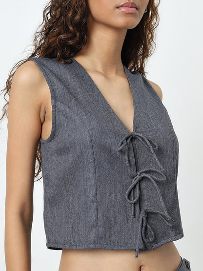 Nuon Dark Grey Knot-Detailed Waistcoat-Style Top