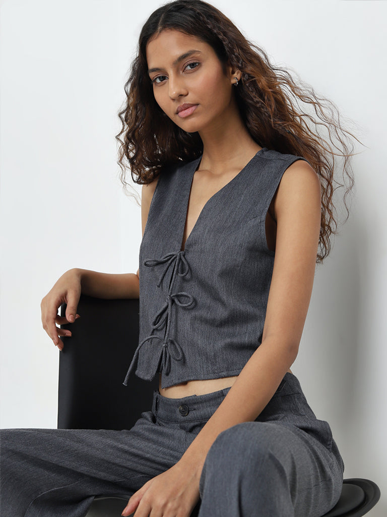 Nuon Dark Grey Knot-Detailed Waistcoat-Style Top