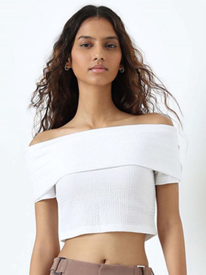 Nuon White Textured Off-Shoulder Top