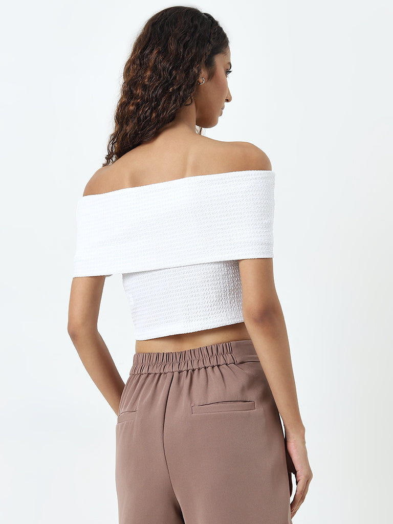 Nuon White Textured Off-Shoulder Top